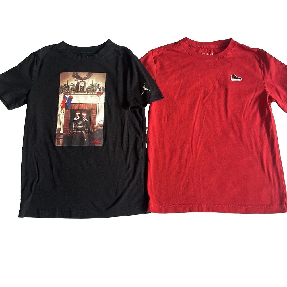 Lot 2 Jordan Boys Graphic T-Shirts SZ M (10-12) Black Red Santa Xmas Basketball